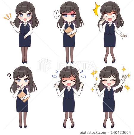一位留著黑色長髮(造型別緻)的Q版OL插畫。 一位留著黑色長髮(造型別緻)的Q版OL插畫。 140423604