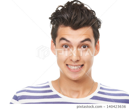 Male, teenager and studio portrait of exciting news, announcement and happy deals for sale. Smile, customer and mockup space for advertise, amazing and omg for retail promotion and wow special 140423636