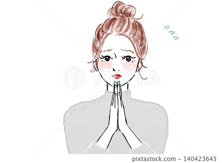 一位表情憂慮的女子雙手合十，表示歉意。 140423645