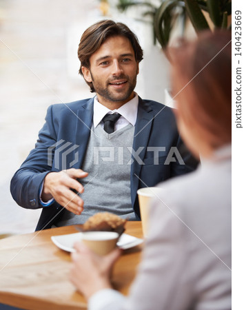 Smile, talking and businessman meeting at coffee shop with colleague for collaboration or planning in morning. Smile, happy for breakfast and corporate employee at outdoor cafe with coworker Smile, talking and businessman meeting at coffee shop with colleague for collaboration or planning in morning. Smile, happy for breakfast and corporate employee at outdoor cafe with coworker 140423669