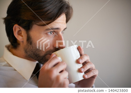 Face, corporate, man and thinking with coffee for vision in grey background to reflect, imagine and idea for company. Entrepreneur, work and cup for contemplating with plan for startup business. Face, corporate, man and thinking with coffee for vision in grey background to reflect, imagine and idea for company. Entrepreneur, work and cup for contemplating with plan for startup business. 140423800