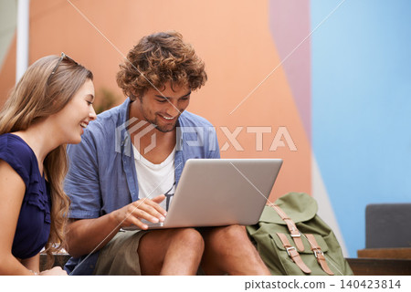 College students, smile and happy together with laptop laugh, discuss ideas and work on campus. University learning, man and woman busy on computer with internet, connectivity and research or project College students, smile and happy together with laptop laugh, discuss ideas and work on campus. University learning, man and woman busy on computer with internet, connectivity and research or project 140423814