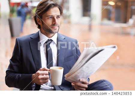 Entrepreneur, man and thinking with newspaper at coffee shop outdoor, reflect and idea for company. Corporate, break and read information for opportunity, economy trends for startup business. Entrepreneur, man and thinking with newspaper at coffee shop outdoor, reflect and idea for company. Corporate, break and read information for opportunity, economy trends for startup business. 140423853
