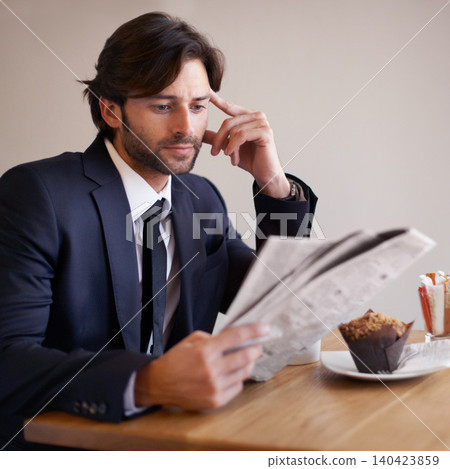 Businessman, read and newspaper in coffee shop, food and relax on break from work. Male person, crypto investor and finance manager for firm, accounting and analysis stock prices and forex on lunch Businessman, read and newspaper in coffee shop, food and relax on break from work. Male person, crypto investor and finance manager for firm, accounting and analysis stock prices and forex on lunch 140423859