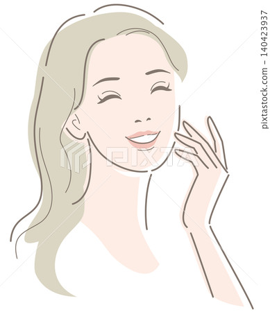一位長髮女子撫摸著臉頰，面帶微笑，感到幸福。 140423937