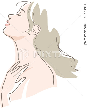 A long-haired woman closes her eyes and touches her neck. A long-haired woman closes her eyes and touches her neck. 140423941