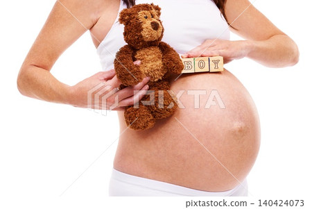 Woman, pregnant and teddy bear with blocks in studio for announcement, gender reveal and future son. Mother, belly and abdomen with growth for childcare, wellness and maternity on white background Woman, pregnant and teddy bear with blocks in studio for announcement, gender reveal and future son. Mother, belly and abdomen with growth for childcare, wellness and maternity on white background 140424073