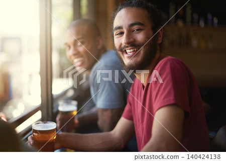 Male people, beer and chill at pub, smile and relax indoor for fun and bonding in summer to destress. Friends, bar and funny for social, guys and alcohol together and laughing for fun and weekend. 140424138