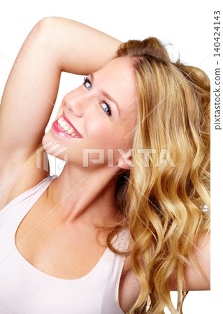 Woman, smile and portrait with beauty for hair care in studio or closeup with skincare. Girl, relax and model with makeup on face from cosmetics, dermatology and glow on skin with happiness and pride 140424143