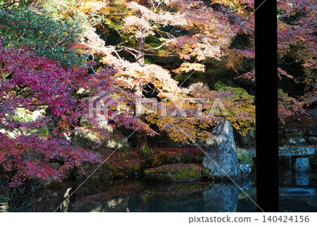 Autumn scenery of a garden with a pond at a temple in Kamitakano, northern Kyoto. Autumn scenery of a garden with a pond at a temple in Kamitakano, northern Kyoto. 140424156