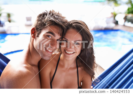 Summer, holiday and portrait of couple in pool with happiness outdoor on vacation in Florida. People, relax and enjoy sunshine in Miami at hotel, villa or home for swimming in water for fun together Summer, holiday and portrait of couple in pool with happiness outdoor on vacation in Florida. People, relax and enjoy sunshine in Miami at hotel, villa or home for swimming in water for fun together 140424553