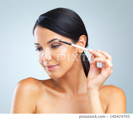Woman, eyeshadow and brush for beauty, cosmetology and apply makeup in studio on white background. Female person, cosmetics and microblading for glow, flawless skin and daydream of elegant aesthetic Woman, eyeshadow and brush for beauty, cosmetology and apply makeup in studio on white background. Female person, cosmetics and microblading for glow, flawless skin and daydream of elegant aesthetic 140424705
