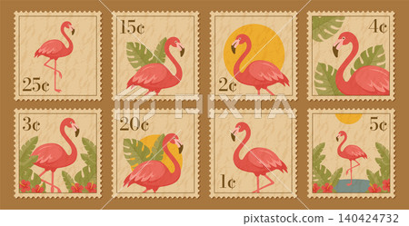 retro style postage stamp collection with pink flamingos and texture. retro style postage stamp collection with pink flamingos and texture. 140424732