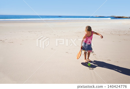 Happy girl, beach and paddle bat with ball for playful summer, holiday weekend or outdoor game in nature. Female person, child or kid enjoying fun day or activity by the ocean coast on mockup space Happy girl, beach and paddle bat with ball for playful summer, holiday weekend or outdoor game in nature. Female person, child or kid enjoying fun day or activity by the ocean coast on mockup space 140424776
