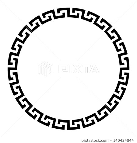 Circle frame made of double spirals, a decorative border of interlocking angular spirals, creating a seamless meander pattern. Circular Greek key pattern. Isolated black and white illustration. Vector Circle frame made of double spirals, a decorative border of interlocking angular spirals, creating a seamless meander pattern. Circular Greek key pattern. Isolated black and white illustration. Vector 140424844