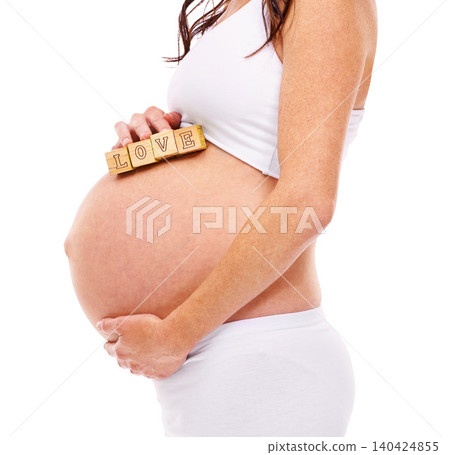 Woman, pregnant and blocks with love in studio for care, gratitude and future baby. New mother, belly and holding stomach for support with wellness, childcare and maternity on white background Woman, pregnant and blocks with love in studio for care, gratitude and future baby. New mother, belly and holding stomach for support with wellness, childcare and maternity on white background 140424855