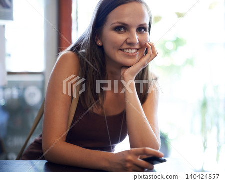 Portrait, student woman and smile on campus, university and happy in school coffee shop. Female learner, gen z and young person ready for college class, lecture and with cellphone for communication Portrait, student woman and smile on campus, university and happy in school coffee shop. Female learner, gen z and young person ready for college class, lecture and with cellphone for communication 140424857