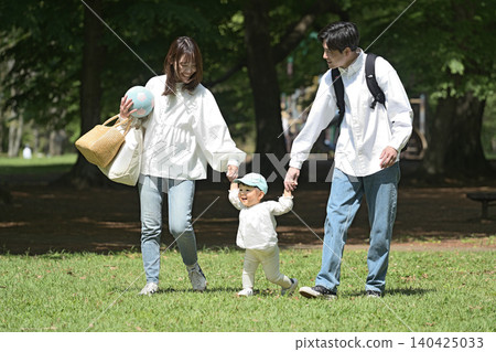 Young family taking a walk in the park Young family taking a walk in the park 140425033