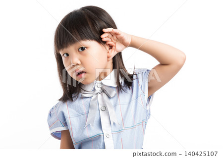 Curious little Chinese girl with pigtails holding hand to her ear, listening to something, white background. Curious little Chinese girl with pigtails holding hand to her ear, listening to something, white background. 140425107