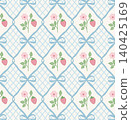 Seamless cottagecore vector pattern featuring blue ribbon trellis with bows, pink daisy flowers, ripe strawberries and green leaves on cream background. Ideal for fabric, gift wrap, stationery. 140425169
