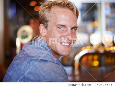 Portrait, smile and a man at cafe to relax, cheerful and positive facial expression for leisure at restaurant in Australia with bokeh. Face, cafeteria and happy person or customer in casual clothes Portrait, smile and a man at cafe to relax, cheerful and positive facial expression for leisure at restaurant in Australia with bokeh. Face, cafeteria and happy person or customer in casual clothes 140425373