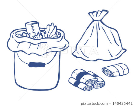 Waste Bin with Garbage Bag and Trash Bag Roll. Recycling Concept and Household Waste Management. Vector Illustration. Isolated Blue Hand Drawn Line Art. Waste Bin with Garbage Bag and Trash Bag Roll. Recycling Concept and Household Waste Management. Vector Illustration. Isolated Blue Hand Drawn Line Art. 140425441
