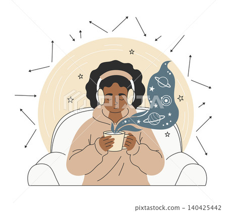 Neurodiversity. Autistic Black Woman in Headphones Enjoying Cup Tea. Space and Planets Inside Steam Metaphor. Sensory Comfort and Cozy Lifestyle. Minimalist Vector Illustration. Harmony, Relaxation. 140425442