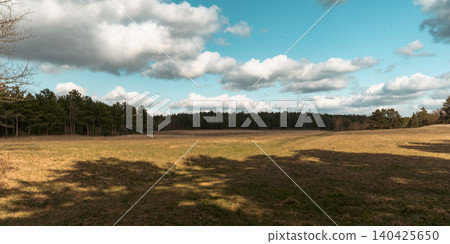 Spring Meadow Panorama Under Cloudy Sky Spring Meadow Panorama Under Cloudy Sky 140425650