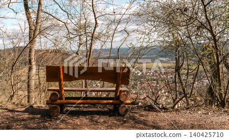 Wooden Bench With Scenic Valley View Wooden Bench With Scenic Valley View 140425710