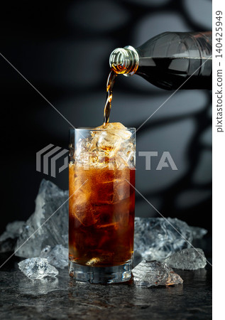 Cola is poured into a glass with ice. Cola is poured into a glass with ice. 140425949