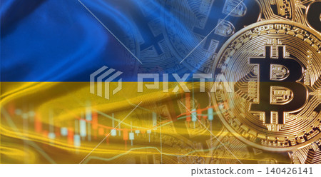 Bitcoin cryptocurrency with Ukrainian flag. Investors in Blockchain Technology with Ukraine flag background 140426141