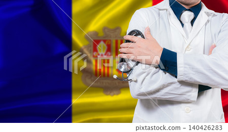 Andorran national health system, Medical professional holding sthetoscope isolated Andorran national health system, Medical professional holding sthetoscope isolated 140426283