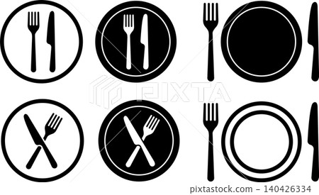 Silhouette icon illustration of a knife, fork, and plate. Silhouette icon illustration of a knife, fork, and plate. 140426334