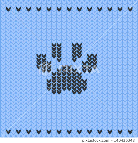 Knitted blue background with cat paw silhouette Knitted blue background with cat paw silhouette 140426348