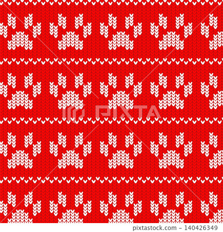 Knitted seamless pattern with paw prints on red background Knitted seamless pattern with paw prints on red background 140426349