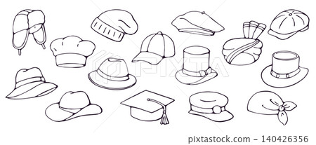 Hand drawn set of 15 different hats in various styles doodle illustration on white background Hand drawn set of 15 different hats in various styles doodle illustration on white background 140426356
