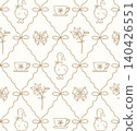 Seamless cottagecore line art pattern with ogee trellis, cute ducks with bows, teacups, butterflies and lily flowers on cream background. Ideal for fabric, wallpaper, nursery, stationery, gift wrap. 140426551