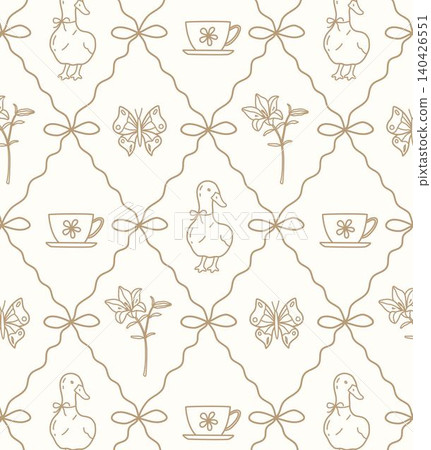 Seamless cottagecore line art pattern with ogee trellis, cute ducks with bows, teacups, butterflies and lily flowers on cream background. Ideal for fabric, wallpaper, nursery, stationery, gift wrap. Seamless cottagecore line art pattern with ogee trellis, cute ducks with bows, teacups, butterflies and lily flowers on cream background. Ideal for fabric, wallpaper, nursery, stationery, gift wrap. 140426551