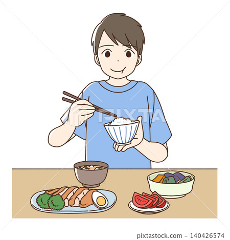 An illustration of a boy eating a balanced meal. An illustration of a boy eating a balanced meal. 140426574