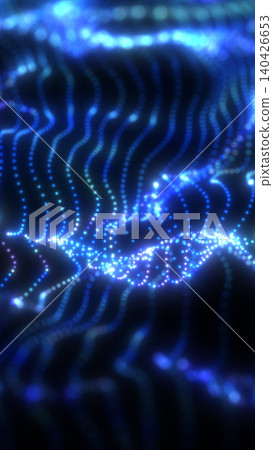 Glowing blue dotted wave lines forming a digital data landscape, futuristic technology background with depth and motion 140426653