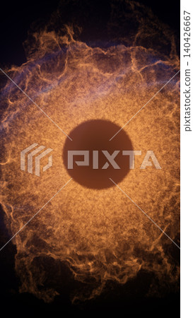 Abstract fiery eclipse ring with orange plasma, blue edge glow, and dark cosmic center resembling a solar portal. Abstract fiery eclipse ring with orange plasma, blue edge glow, and dark cosmic center resembling a solar portal. 140426667