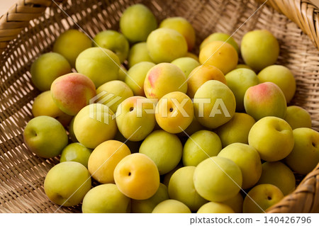 Kishu Nanko plums served in a basket Kishu Nanko plums served in a basket 140426796