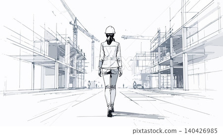 Female engineer walking through future construction site Female engineer walking through future construction site 140426985