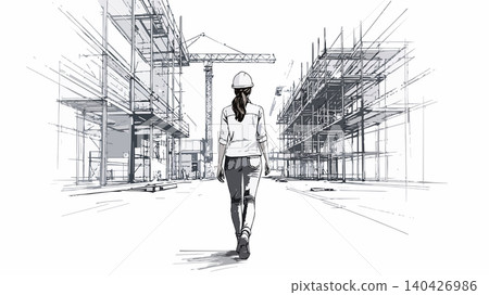Female engineer walking confidently through construction site Female engineer walking confidently through construction site 140426986