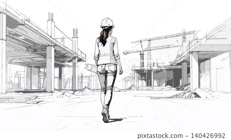 Female engineer walking through construction site overseeing project Female engineer walking through construction site overseeing project 140426992