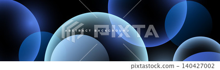 Abstract geometric dark background design with blue translucent circles. Modern website header or wide banner design. 140427002
