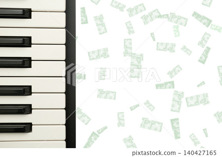 Musical keys of piano or synthesizer on dollars background Musical keys of piano or synthesizer on dollars background 140427165