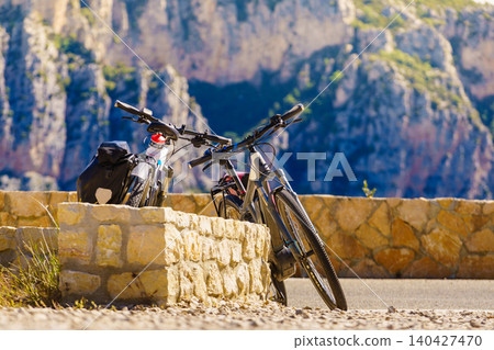 Bikes on viewpoint in mountains nature. Gorges du Verdon, Provence in France Bikes on viewpoint in mountains nature. Gorges du Verdon, Provence in France 140427470