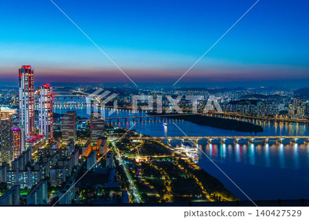 Stunning skyline of Yeouido financial district skyscrapers at sunset during early summer in Seoul, South Korea 140427529
