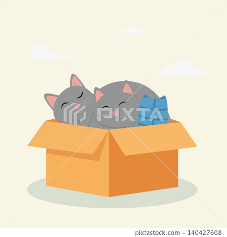Two gray domestic cats sleeping peacefully in a cardboard box after playtime. EPS 10 Two gray domestic cats sleeping peacefully in a cardboard box after playtime. EPS 10 140427608